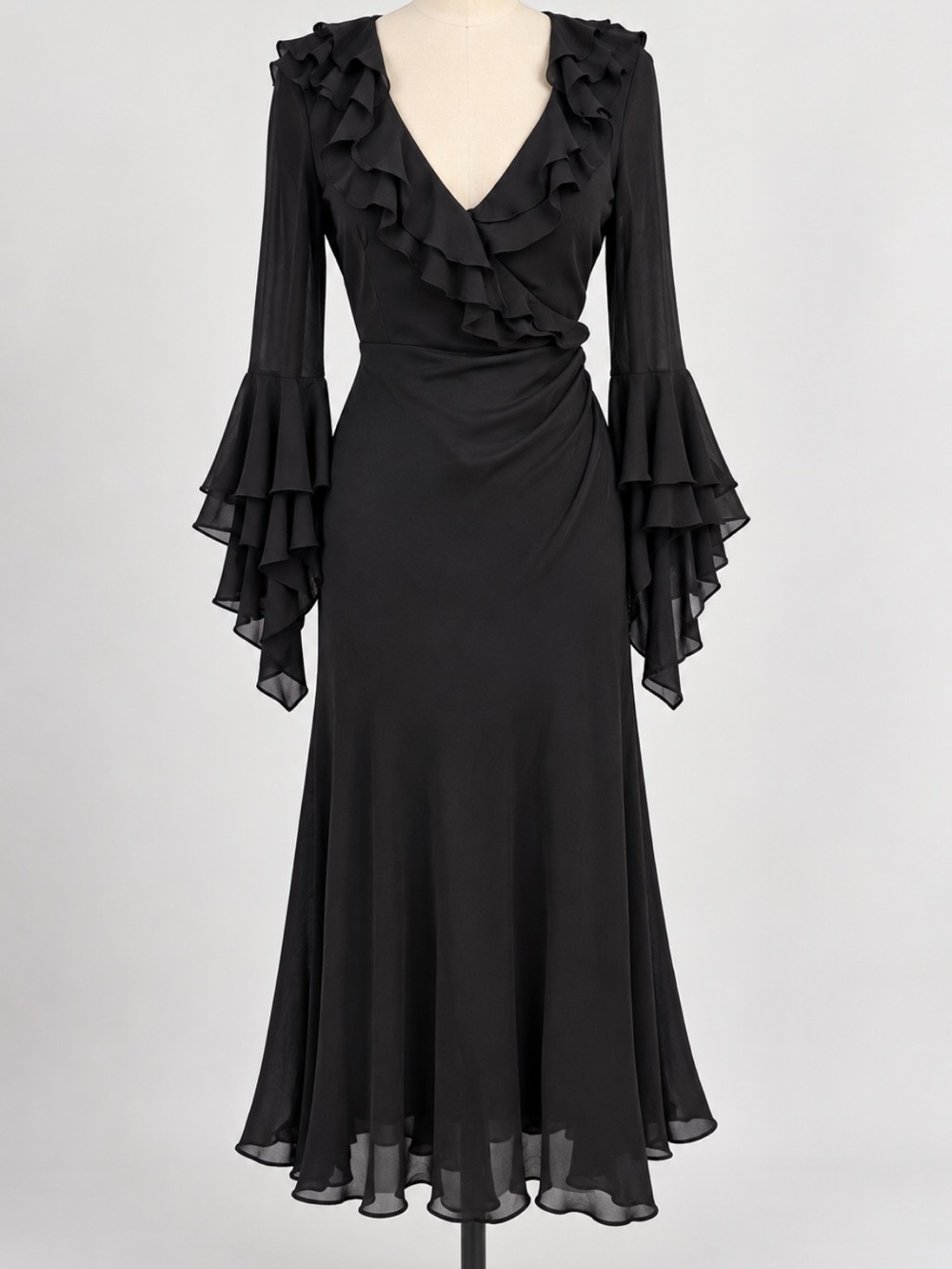 Express Black Ruffle Bell Sleeve Midi Dress Romantic Goth Y2K Silk Size 14